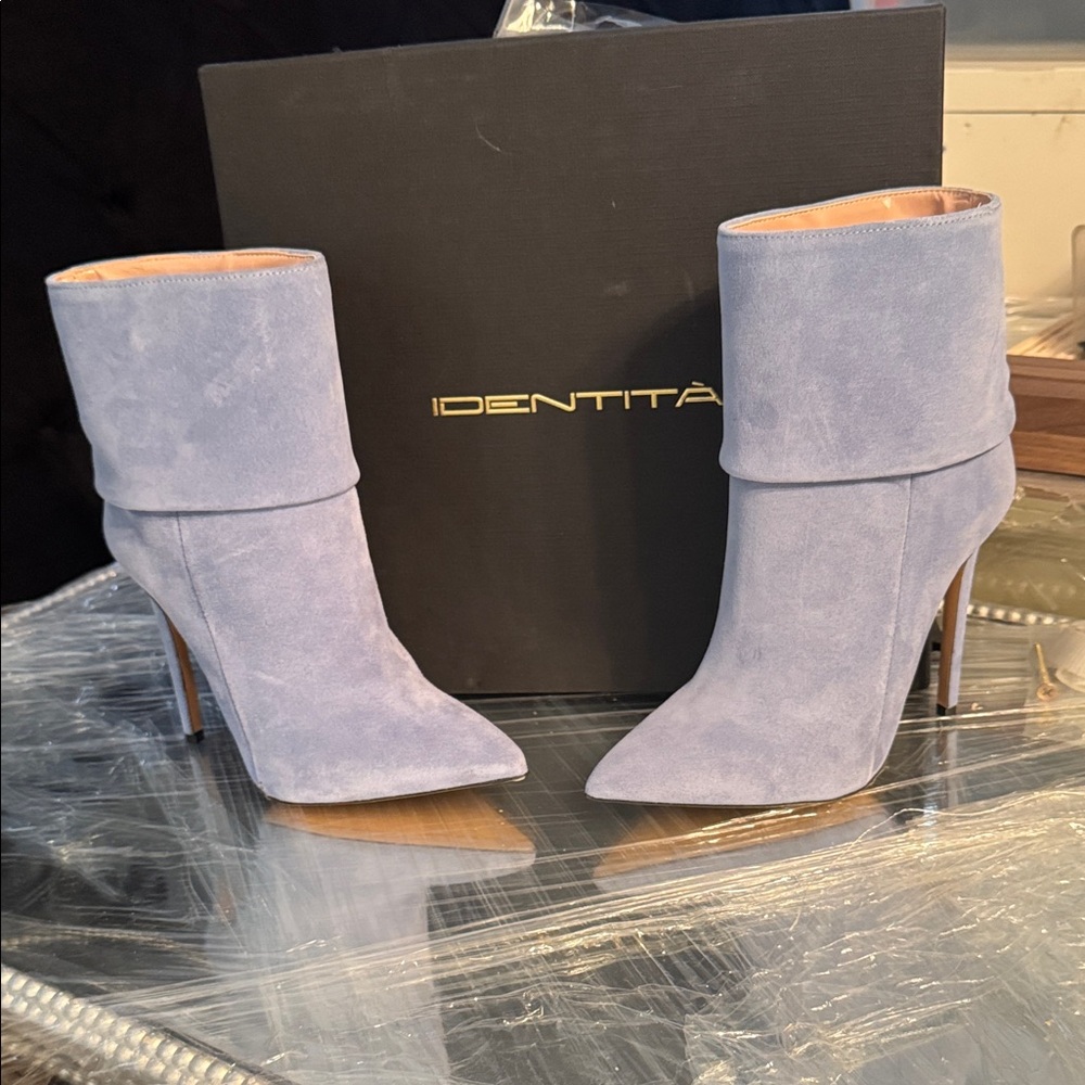 Women's Light Blue Suede Heeled Boots